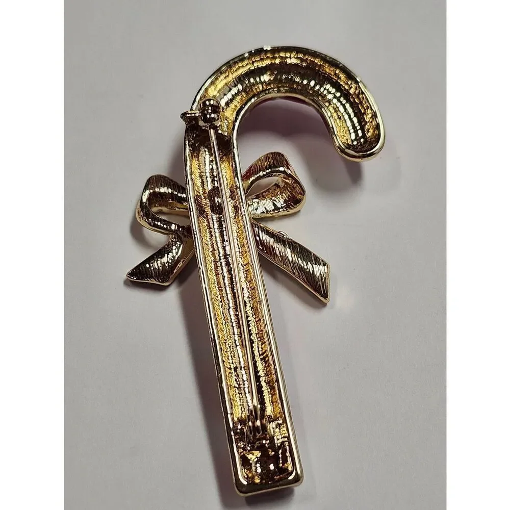 Vintage Candy Cane Enamel Gold Tone Brooch Pin Christmas Holiday Estate